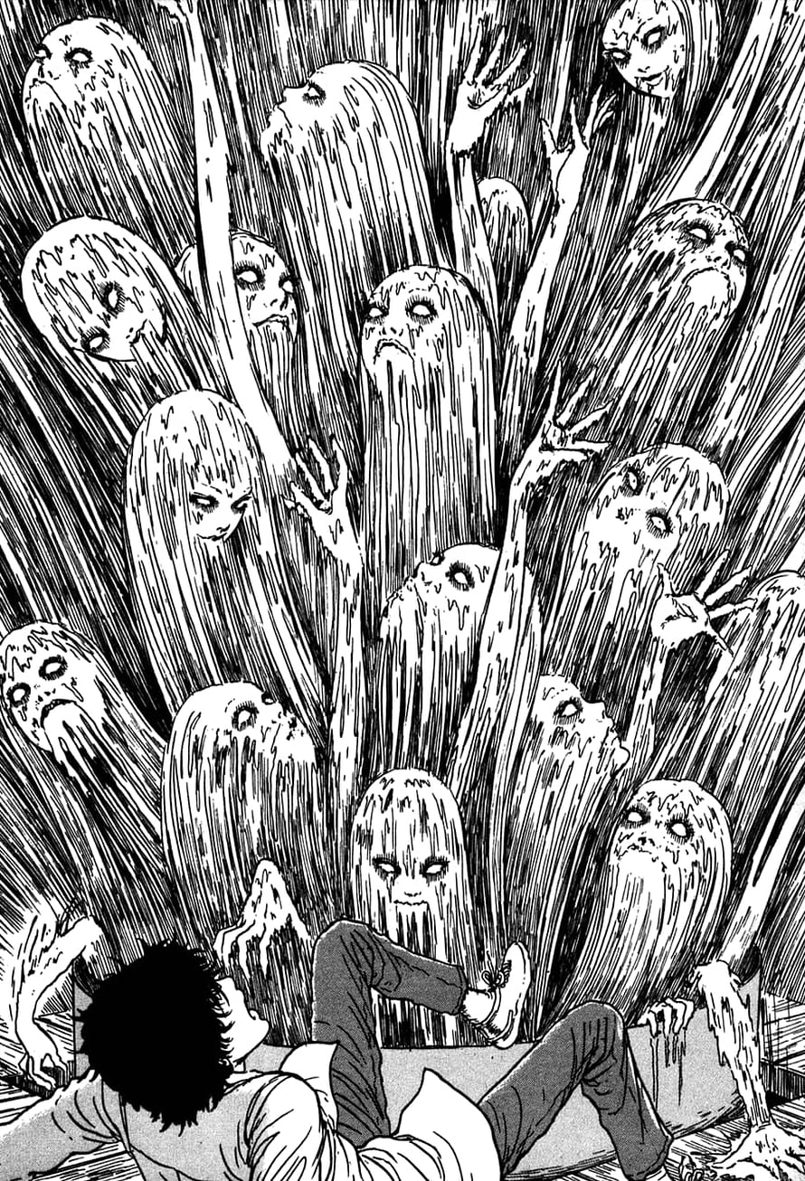 Junji Ito Manga Horror Scene with Ghostly Figures and a Fleeing Character HD phone wallpaper