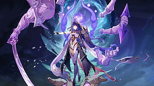 Raiden Shogun wielding her sword in a mystical purple and blue energy storm from Genshin Impact HD wallpaper