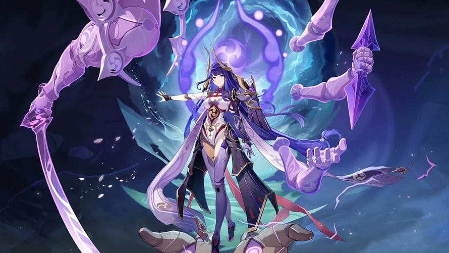 Raiden Shogun wielding her sword in a mystical purple and blue energy storm from Genshin Impact HD wallpaper