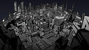 Persona 5 Monochrome Cityscape with Tokyo Tower and Dense Urban Architecture HD wallpaper