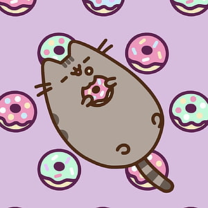 Pusheen The Cat Eating A Sprinkled Donut On A Pastel Purple Background HD phone wallpaper