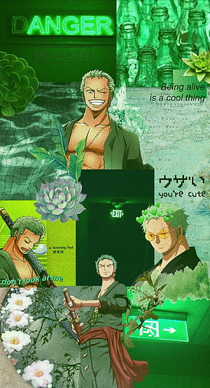 Roronoa Zoro One Piece Aesthetic Collage with Green Botanical Elements and Neon Text HD phone wallpaper