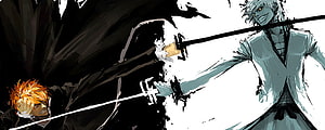 Bleach Anime Illustration of Ichigo Kurosaki and Aizen in a Dynamic Sword Duel HD wallpaper