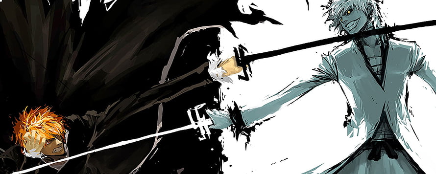 Bleach Anime Illustration of Ichigo Kurosaki and Aizen in a Dynamic Sword Duel HD wallpaper