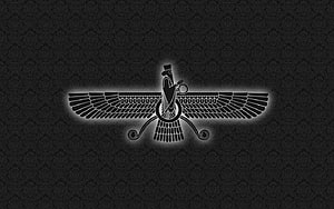 Glowing Farvahar Symbol on Dark Patterned Background HD wallpaper