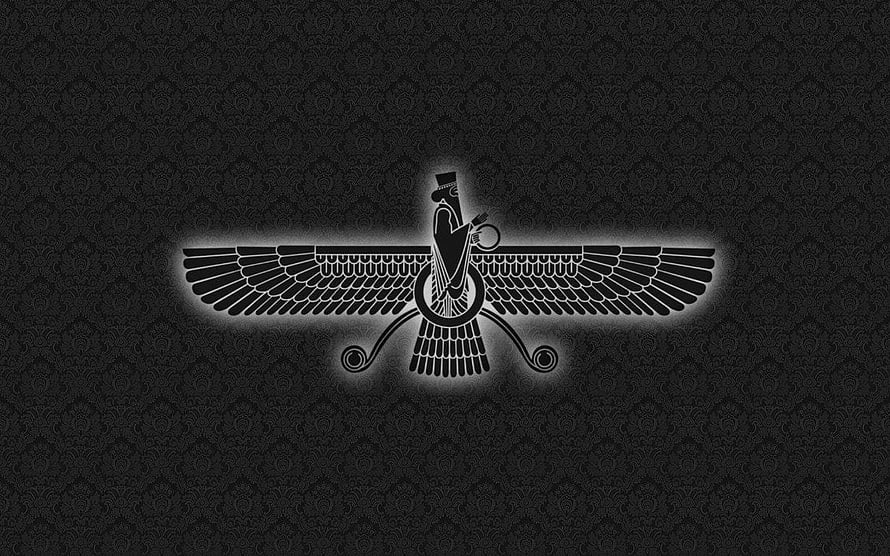 Glowing Farvahar Symbol on Dark Patterned Background HD wallpaper