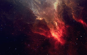 Vibrant Red and Orange Nebula Clouds with Scattered Stars in Deep Space HD wallpaper