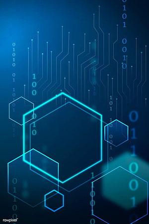 Futuristic Hexagon Network with Binary Code and Circuit Traces on a Deep Blue Background HD phone wallpaper