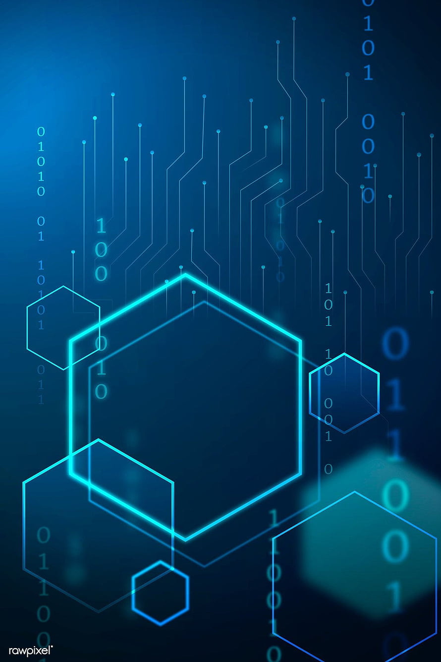 Futuristic Hexagon Network with Binary Code and Circuit Traces on a Deep Blue Background HD phone wallpaper