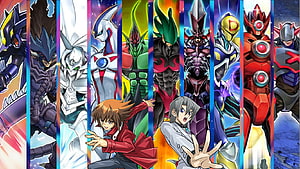 Yu-Gi-Oh! GX Judai Yuki and Edo Phoenix with Elemental Hero Neos and Monster Lineup HD wallpaper