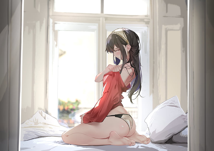 Yor Forger from Spy x Family in a red dress kneeling on a bed near a bright window HD wallpaper