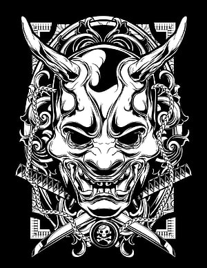 Black and White Oni Demon Mask with Crossed Swords and Skull Emblem HD phone wallpaper