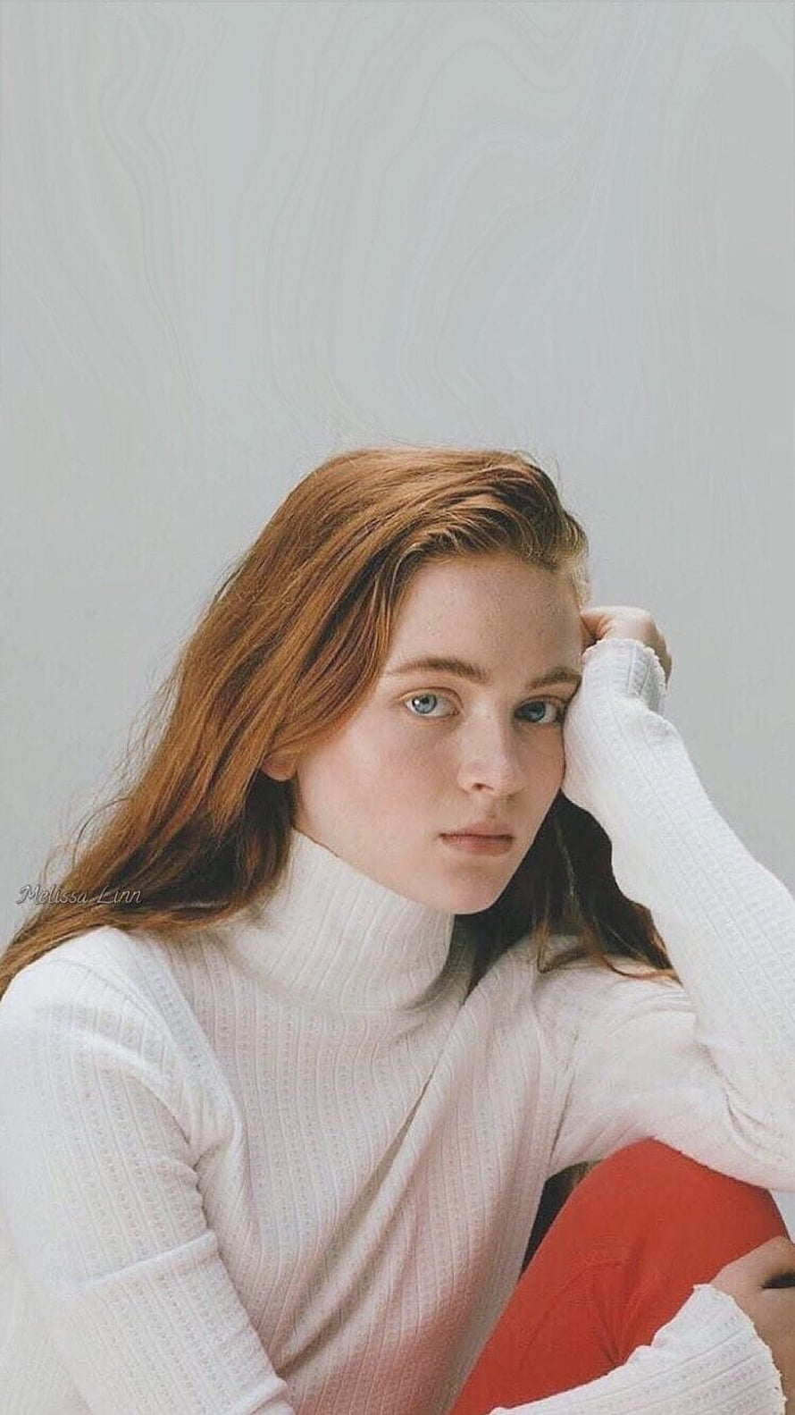 Sadie Sink in White Turtleneck Sweater with Red Hair and Blue Eyes HD phone wallpaper