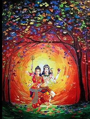 Lord Shiva and Goddess Parvati Dancing in Vibrant Forest with Trishul and Radiant Aura HD phone wallpaper