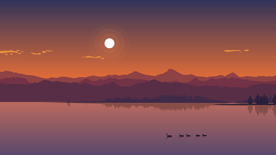 Minimalist Flat Art Lake Sunset with Mountain Silhouettes and Geese HD wallpaper
