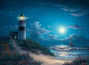 Painted Coastal Scene Featuring a Glowing Lighthouse, Moonlit Ocean, and Distant Sailboat at Night HD wallpaper