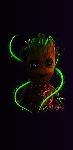 Baby Groot with Glowing Green Vines on Dark Background HD phone wallpaper