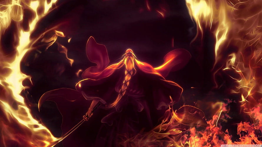 Genryuusai Shigekuni Yamamoto from Bleach Standing in a Ring of Fire HD wallpaper