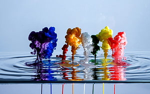 Vibrant multicolored paint drops blooming in clear water with ripples and reflections HD wallpaper