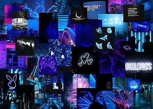 Neon Blue Aesthetic Collage Wallpaper with Cyberpunk City Scenes and Glowing Typography HD wallpaper