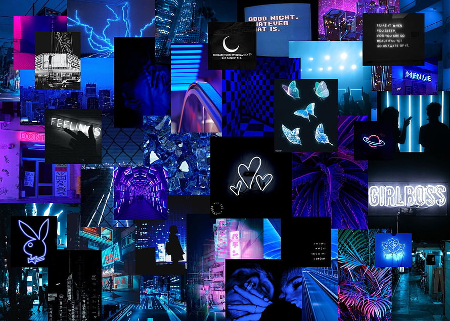 Neon Blue Aesthetic Collage Wallpaper with Cyberpunk City Scenes and Glowing Typography HD wallpaper