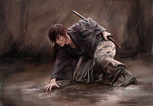 Rurouni Kenshin: Himura Kenshin Crouching in the Rain with Katana HD wallpaper
