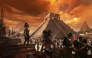 Aztec Temple at Sunset with Warriors and Ancient Civilization Concept Art HD wallpaper