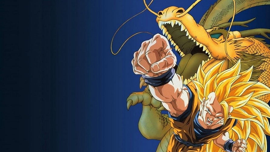 Goku Super Saiyan 3 with Shenron in Dragon Ball Z Anime Artwork HD wallpaper