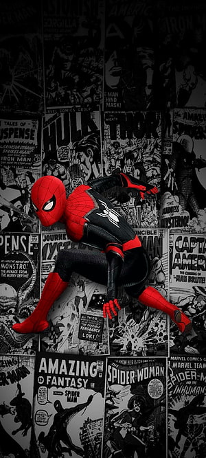 Spider-Man in dynamic crouch pose against a collage of classic Marvel comic book covers, Spiderman, art, comic HD phone wallpaper