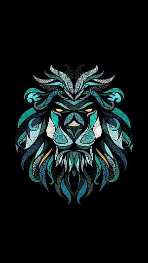 Intricate Geometric Lion Head Illustration in Teal and Black with Ornamental Patterns HD phone wallpaper