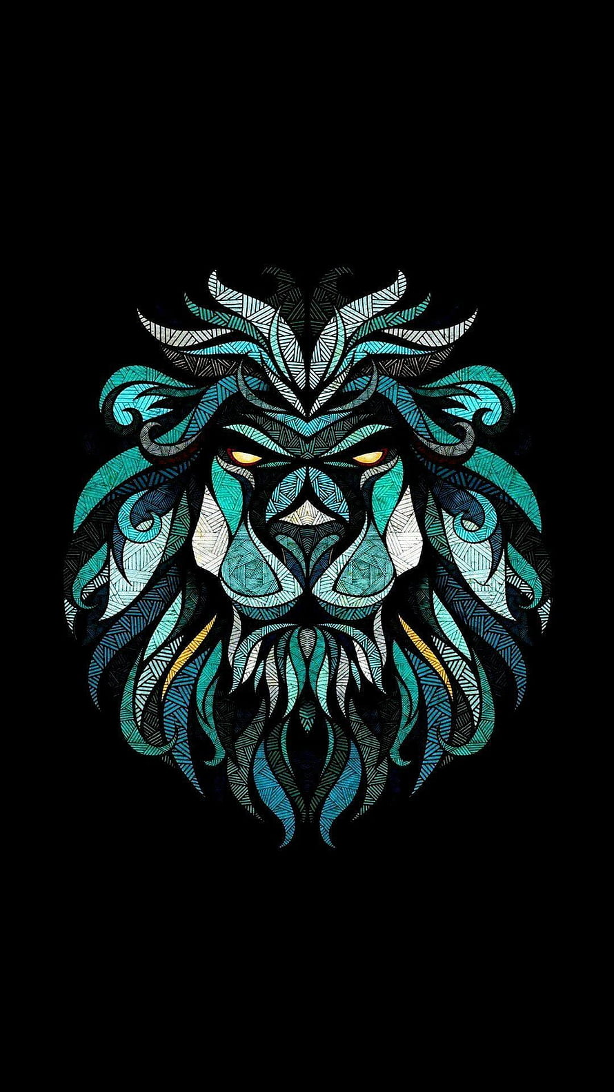 Intricate Geometric Lion Head Illustration in Teal and Black with Ornamental Patterns HD phone wallpaper