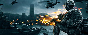 Battlefield 4 Soldier Firing Rifle Amidst Naval Combat and Helicopter Assault HD wallpaper