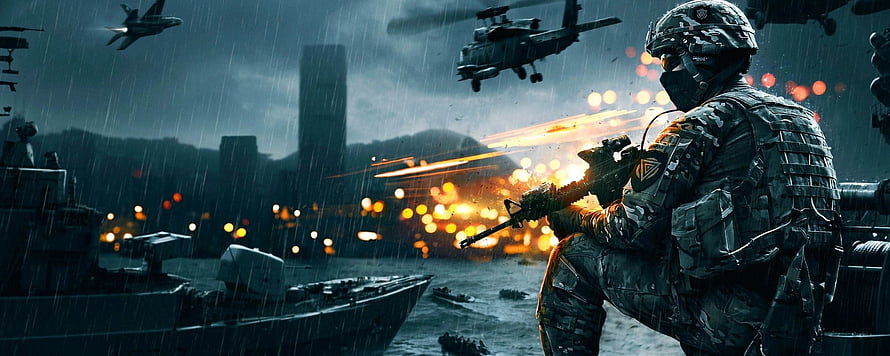 Battlefield 4 Soldier Firing Rifle Amidst Naval Combat and Helicopter Assault HD wallpaper