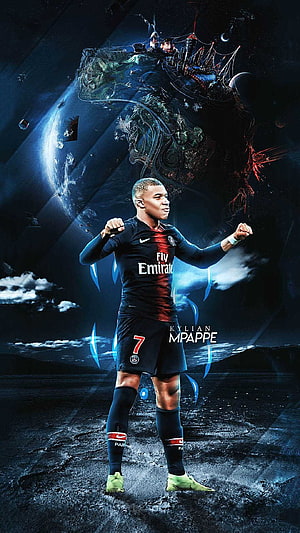 Kylian Mbappe in Paris Saint-Germain Kit Against Epic Sci-Fi Space Background HD phone wallpaper