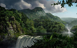Majestic Waterfall Cascading Through Lush Tropical Jungle Mountains HD wallpaper