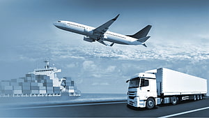 Global Logistics Concept Featuring Cargo Ship, Semi Truck, and Airplane in Transit HD wallpaper