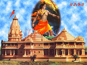 Lord Rama with Bow and Arrow Above the Ram Mandir Temple in Ayodhya HD wallpaper