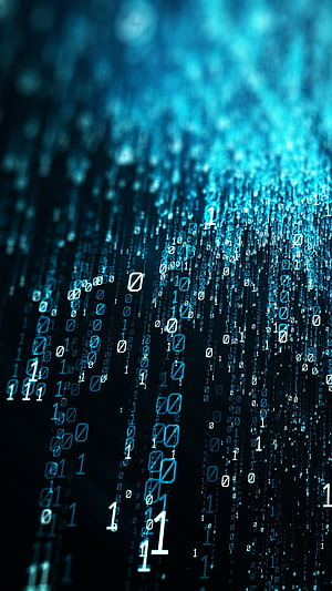 Cascading Binary Code Digital Art with Glowing Blue Data Streams on Dark Background HD phone wallpaper