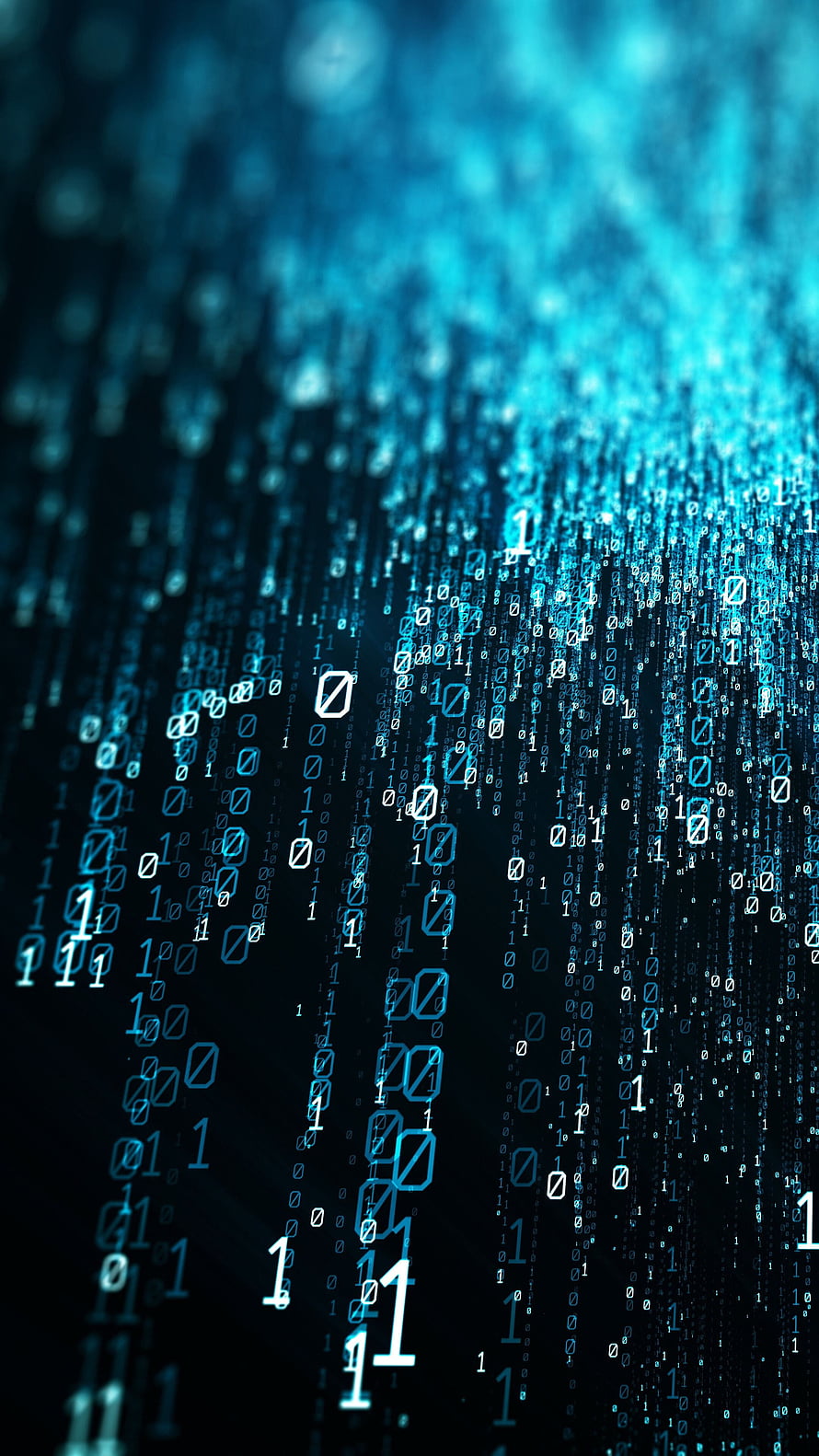 Cascading Binary Code Digital Art with Glowing Blue Data Streams on Dark Background HD phone wallpaper
