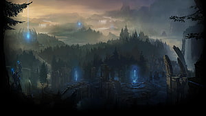 Summoner's Rift Landscape from League of Legends with Ancient Ruins and Glowing Portals HD wallpaper