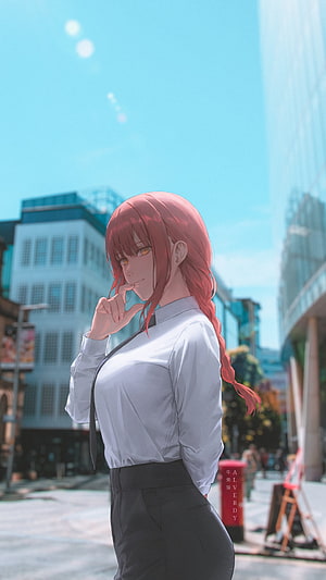Makima from Chainsaw Man in a white shirt and tie standing on a sunny city street, Makima, waifu, anime_, anime_x_reality, anime_aesthetic, chainsaw_man, anime HD phone wallpaper