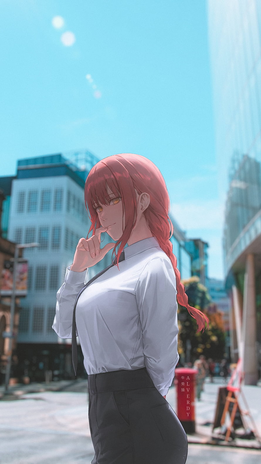 Makima from Chainsaw Man in a white shirt and tie standing on a sunny city street HD phone wallpaper