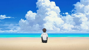 Evangelion 3.0 + 1.0: Boy Sitting on Beach Under Cloudy Sky HD wallpaper
