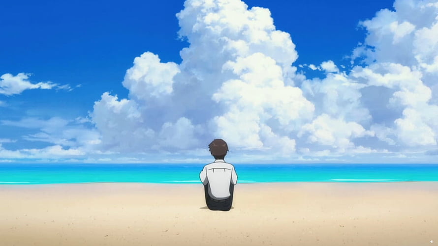Evangelion 3.0 + 1.0: Boy Sitting on Beach Under Cloudy Sky HD wallpaper