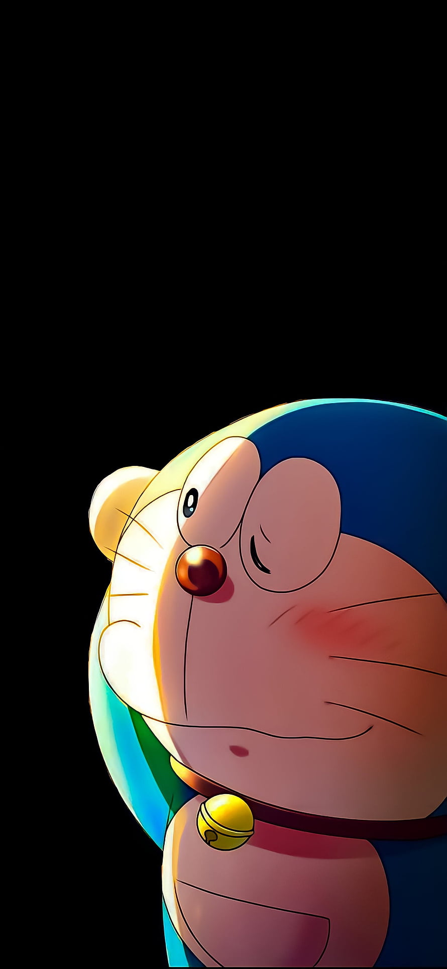 Doraemon Anime Character Close-Up with Warm Lighting on Black Background HD phone wallpaper
