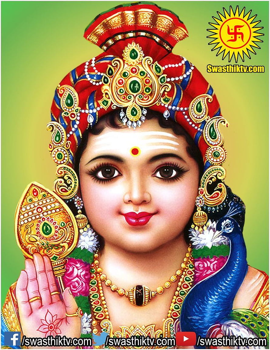 Lord Murugan Devotional Portrait with Peacock and Golden Adornments HD phone wallpaper