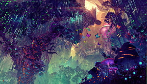 Bioluminescent Sci-Fi Jungle with Glowing Flora and Futuristic Architecture HD wallpaper
