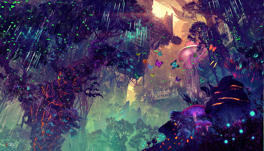 Bioluminescent Sci-Fi Jungle with Glowing Flora and Futuristic Architecture HD wallpaper