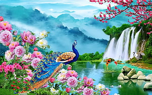 Vibrant Peacock in a Lush Garden with Waterfall, Misty Mountains, and Blooming Peonies HD wallpaper