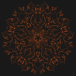 Intricate Orange Fractal Mandala with Ornate Floral and Avian Motifs on Black Background HD phone wallpaper